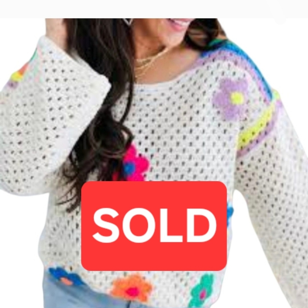 📣SOLD📣Davi & Dani Crochet Knit Top Small Floral Flowers Colorful Short Sleeve